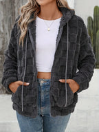 Check-Print Fuzzy Zip Jacket, view 1