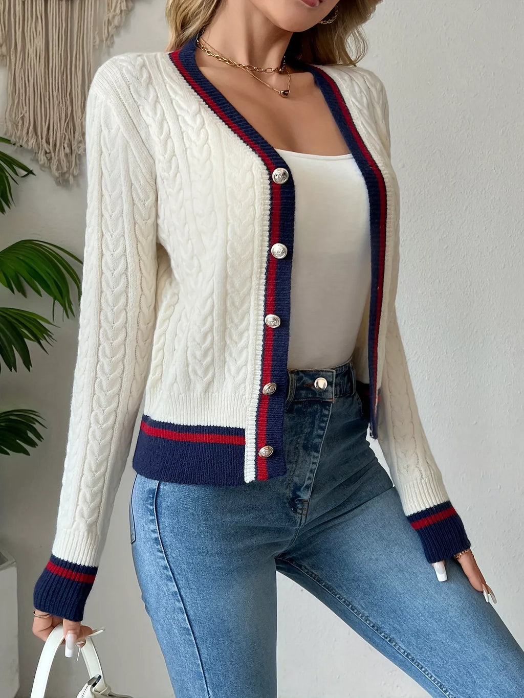 Contrast-Trim Cable-Knit Cardigan, product view 4