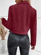Faux Suede Moto Jacket in Burgundy, back worn view