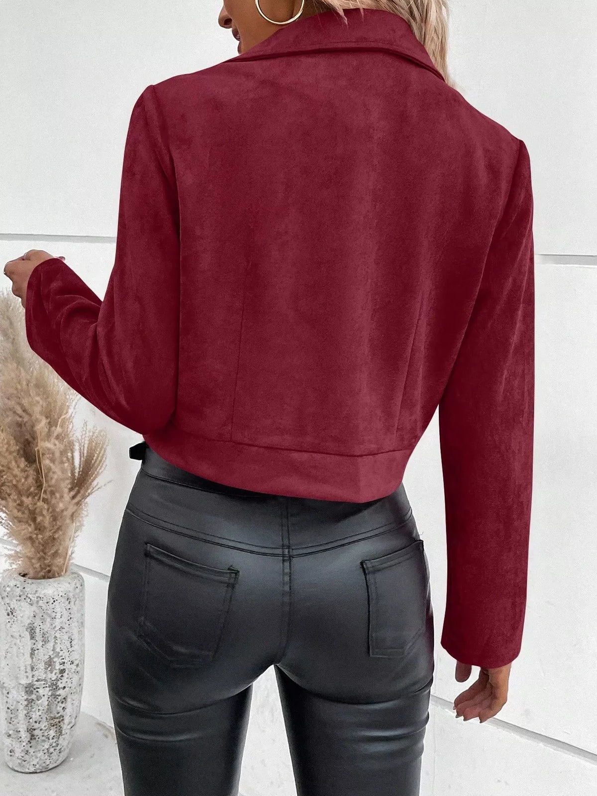 Faux Suede Moto Jacket in Burgundy, back worn view