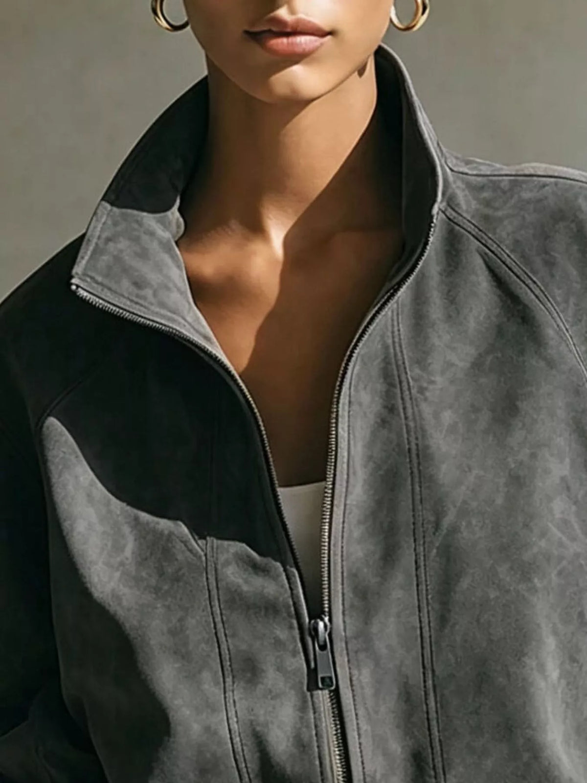 Faux Suede Stand-Collar Zip Jacket