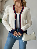 Contrast-Trim Cable-Knit Cardigan, product view 2