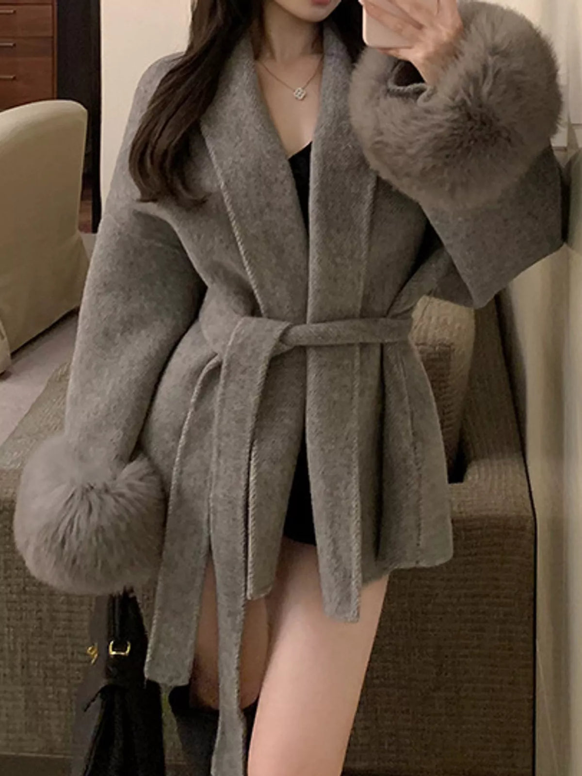 Faux-Fur Cuff Wrap Coat