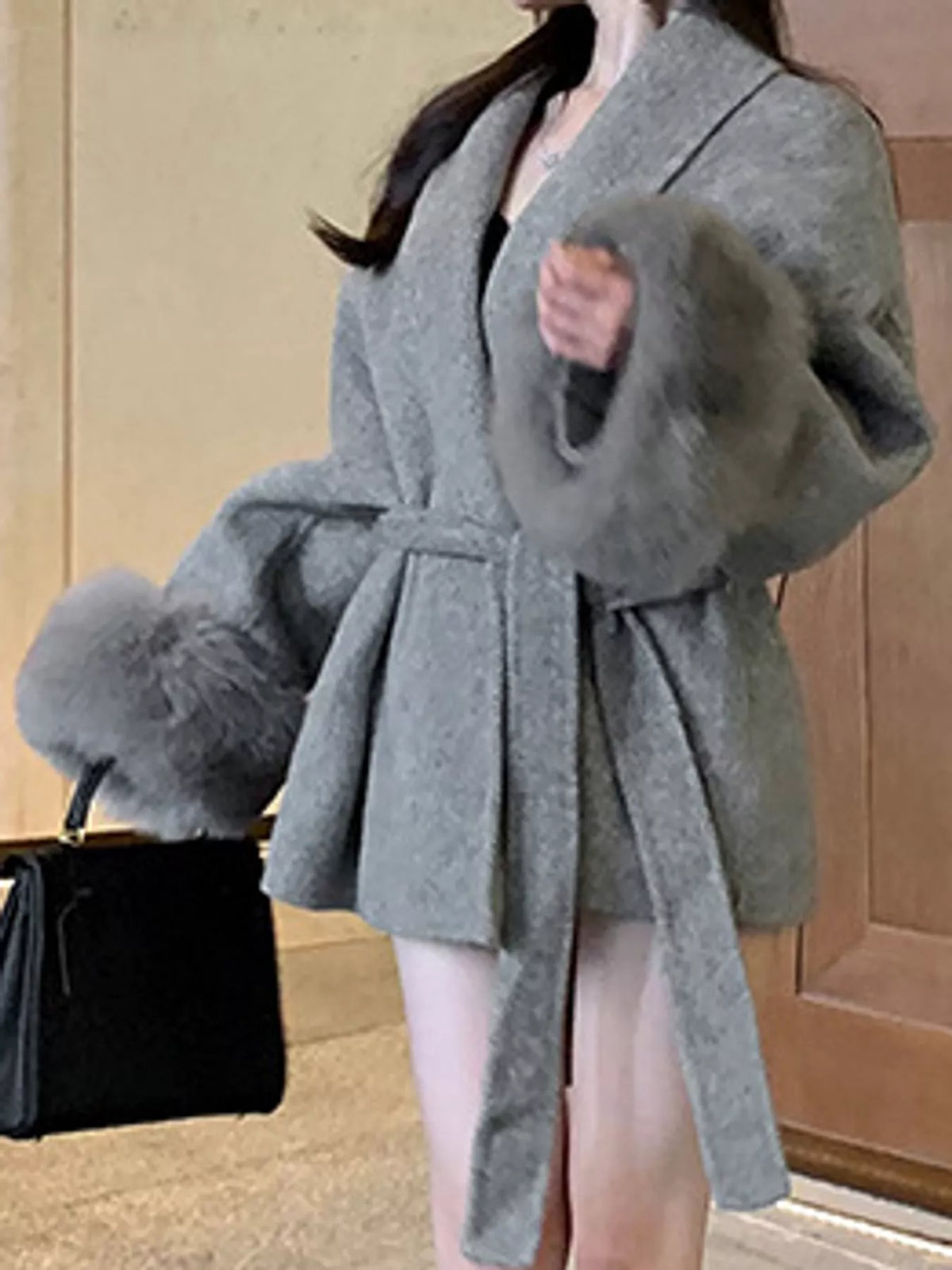 Faux-Fur Cuff Wrap Coat