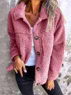 Full-Size Fuzzy Button Jacket in Dusty Pink, alternate front worn view