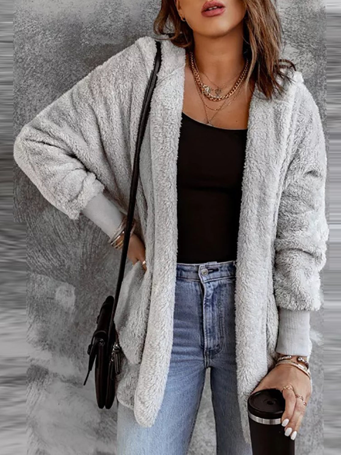 Hooded Textured Jacket with Pockets in Light Gray