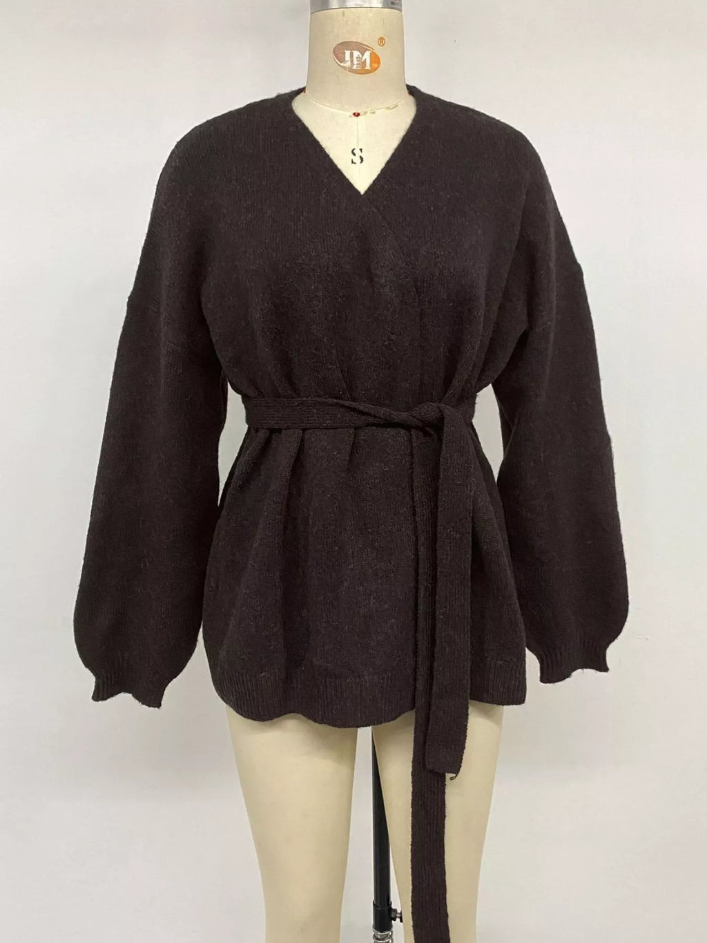 Belted Wrap Cardigan in Chocolate, tied-front view on dress form