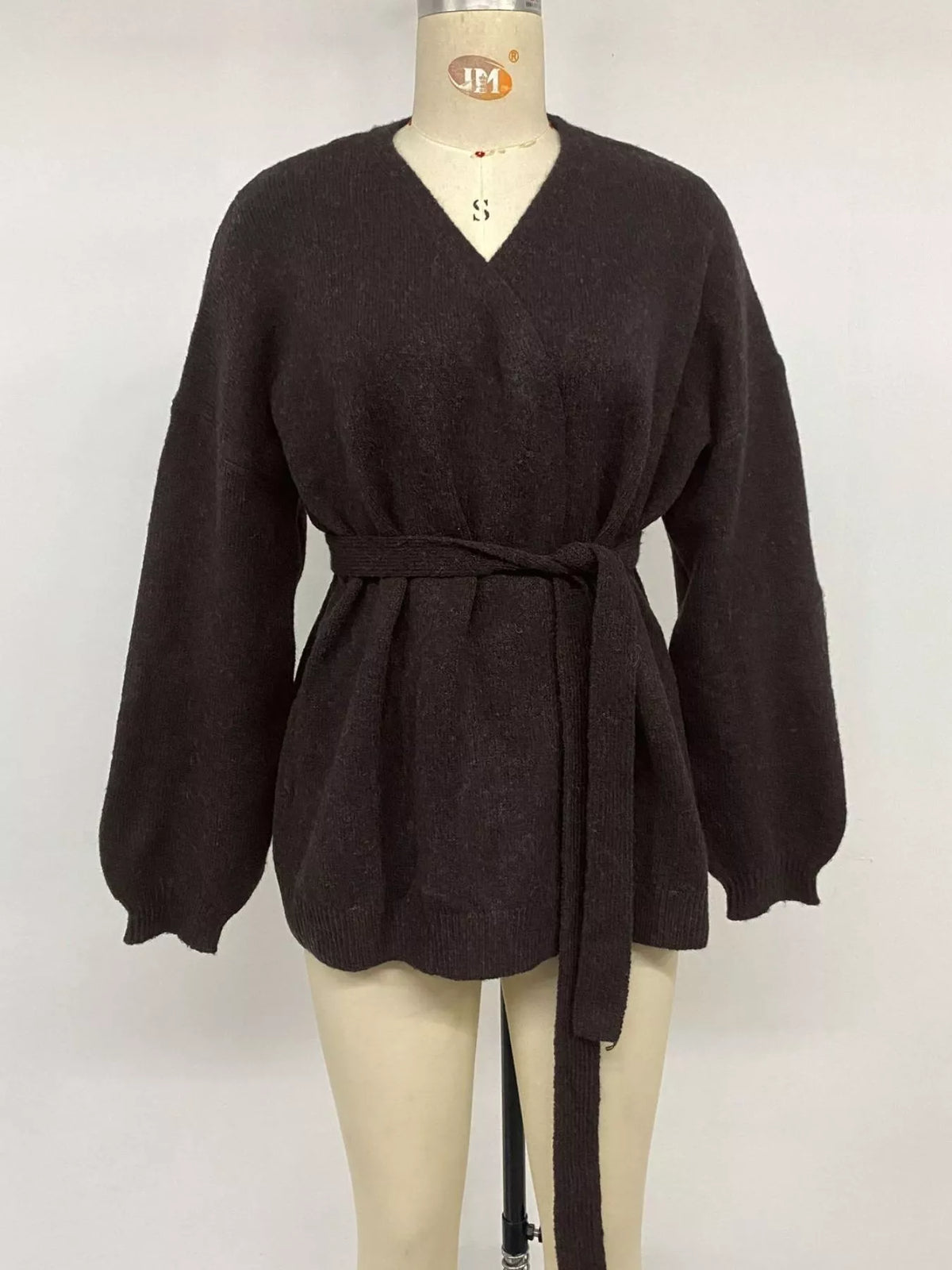 Belted Wrap Cardigan in Chocolate, tied-front view on dress form