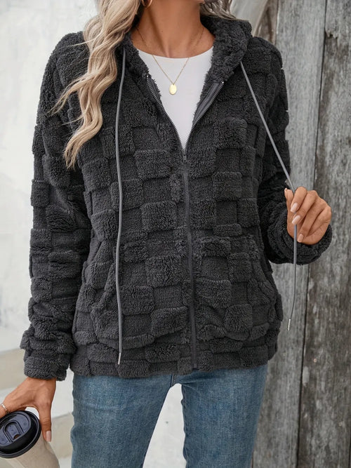 Check-Print Fuzzy Zip Jacket, view 2