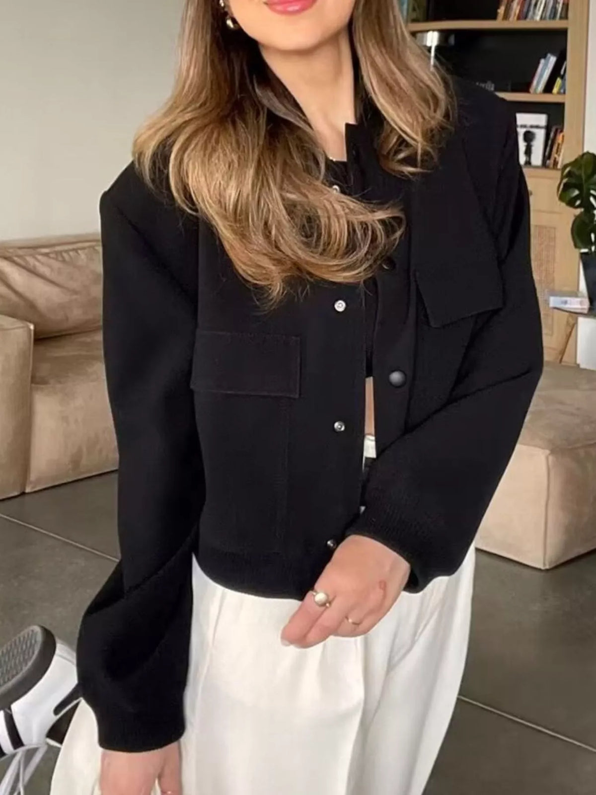 Cropped Button-Front Bomber Jacket