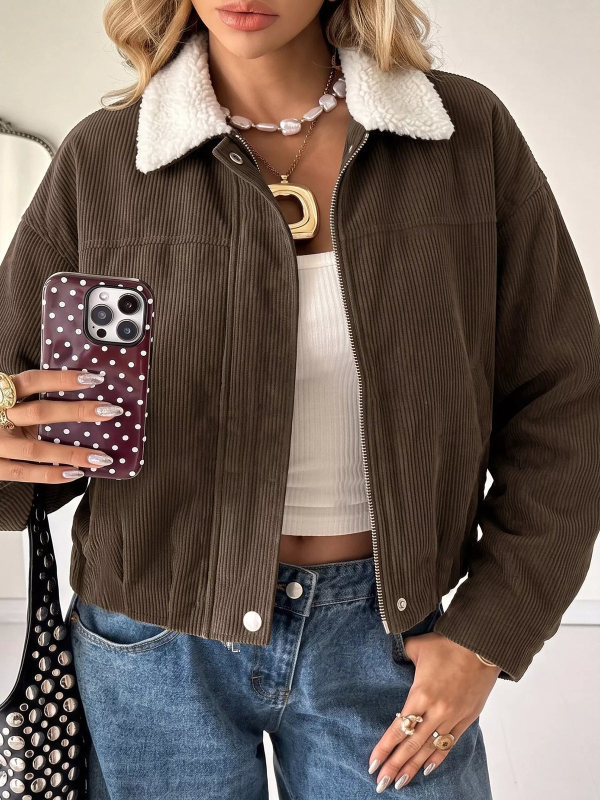 Sherpa-Collar Corduroy Jacket in Brown
