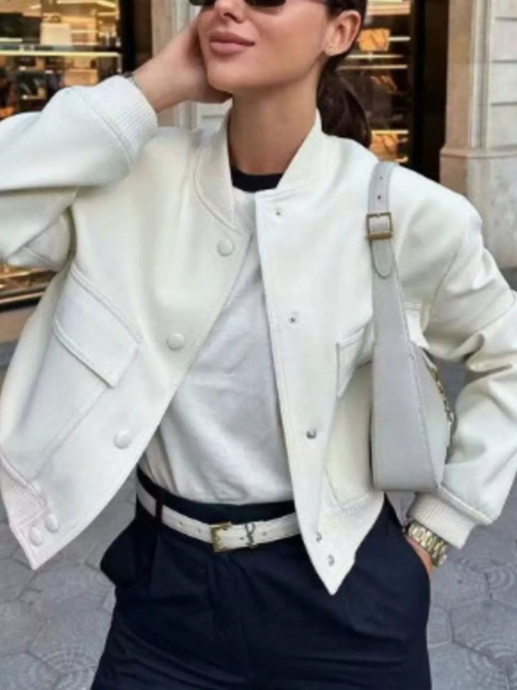Cropped Button-Front Bomber Jacket