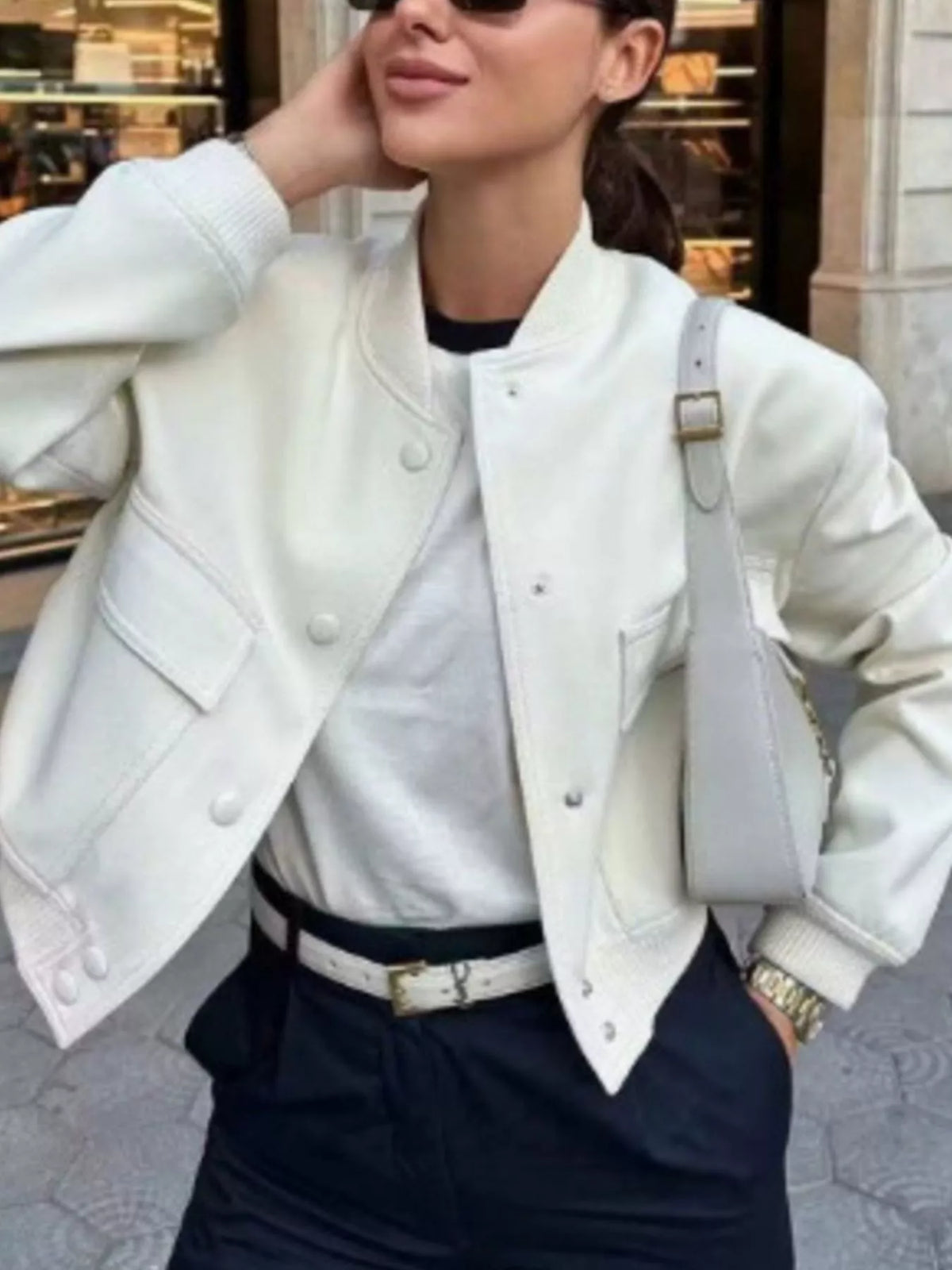 Cropped Button-Front Bomber Jacket