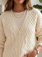Cable-Knit V-Neck Button-Down Cardigan in Apricot, V-neck, button and knit detail