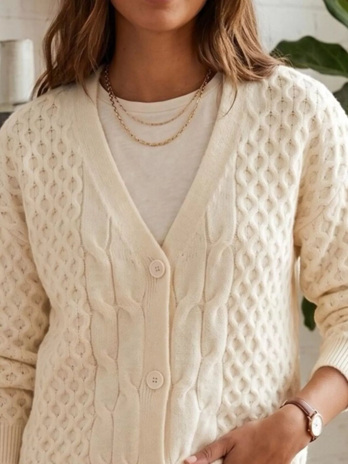 Cable-Knit V-Neck Button-Down Cardigan in Apricot, V-neck, button and knit detail