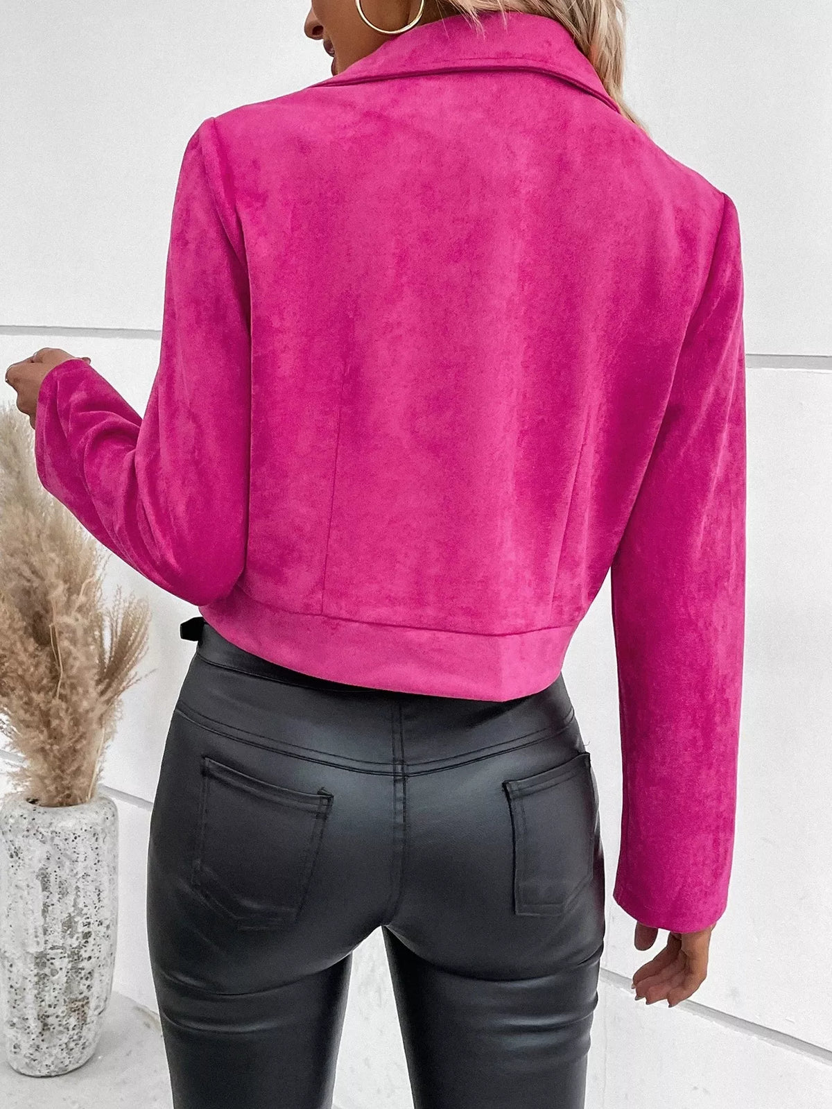 Faux Suede Moto Jacket in Fuchsia Pink, back worn view