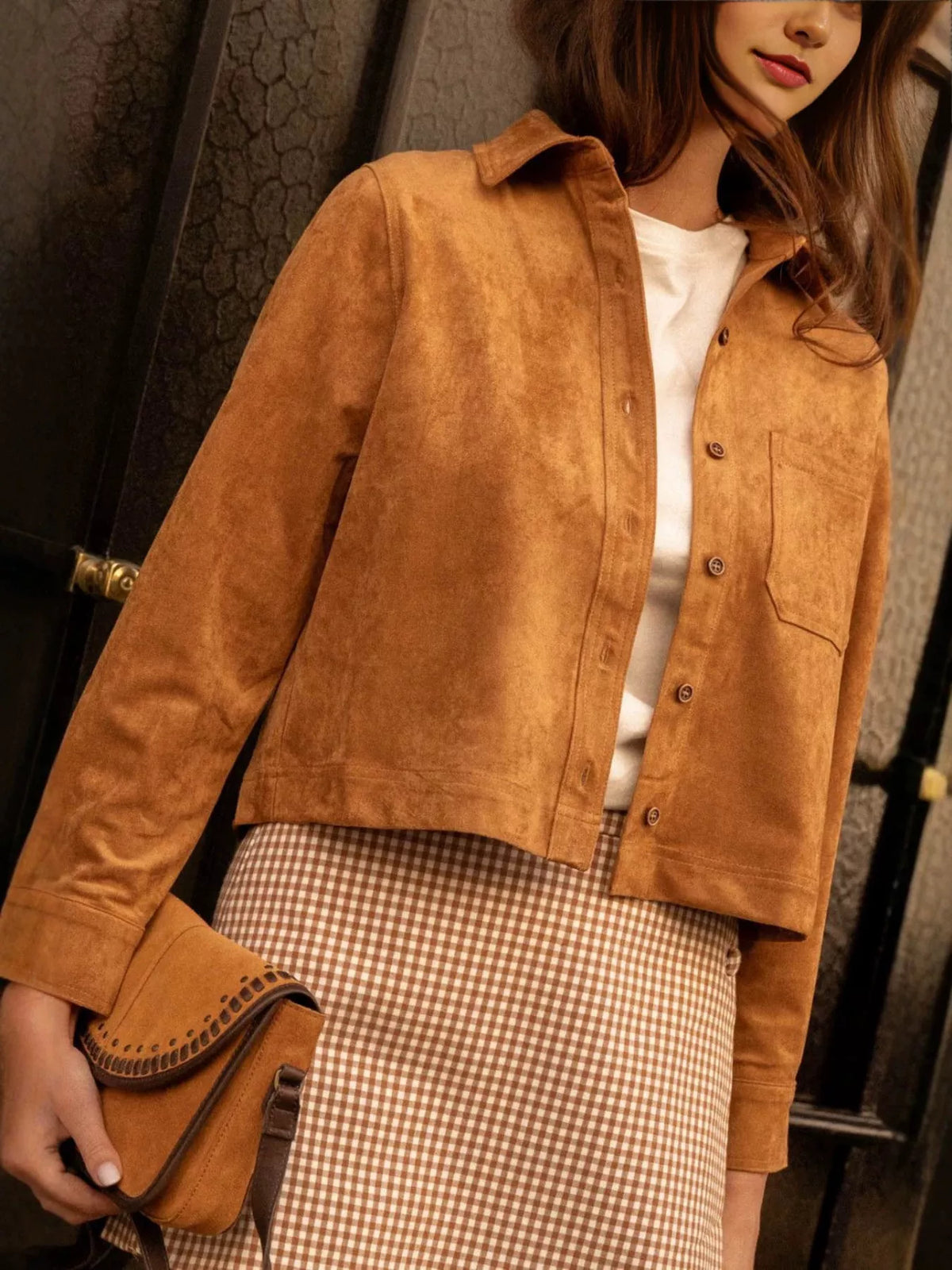 Cropped Faux Suede Button-Down Jacket