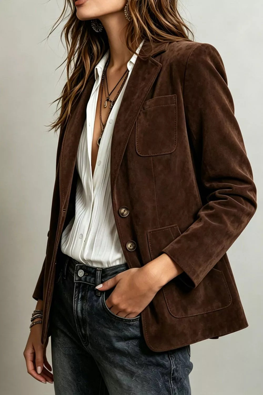 Faux Suede Single-Breasted Blazer