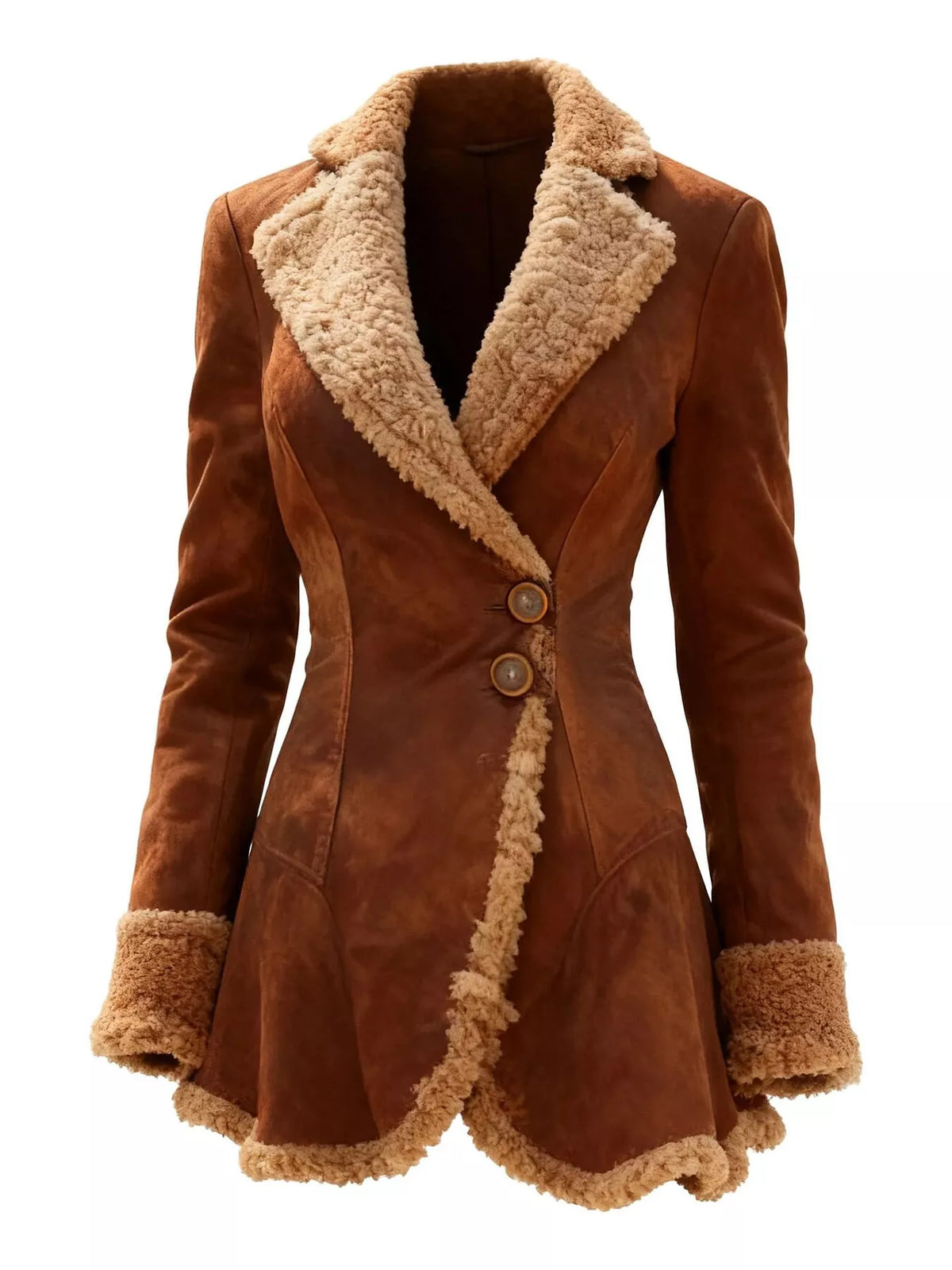 Faux Suede Sherpa-Trimmed Winter Coat in Dark Brown