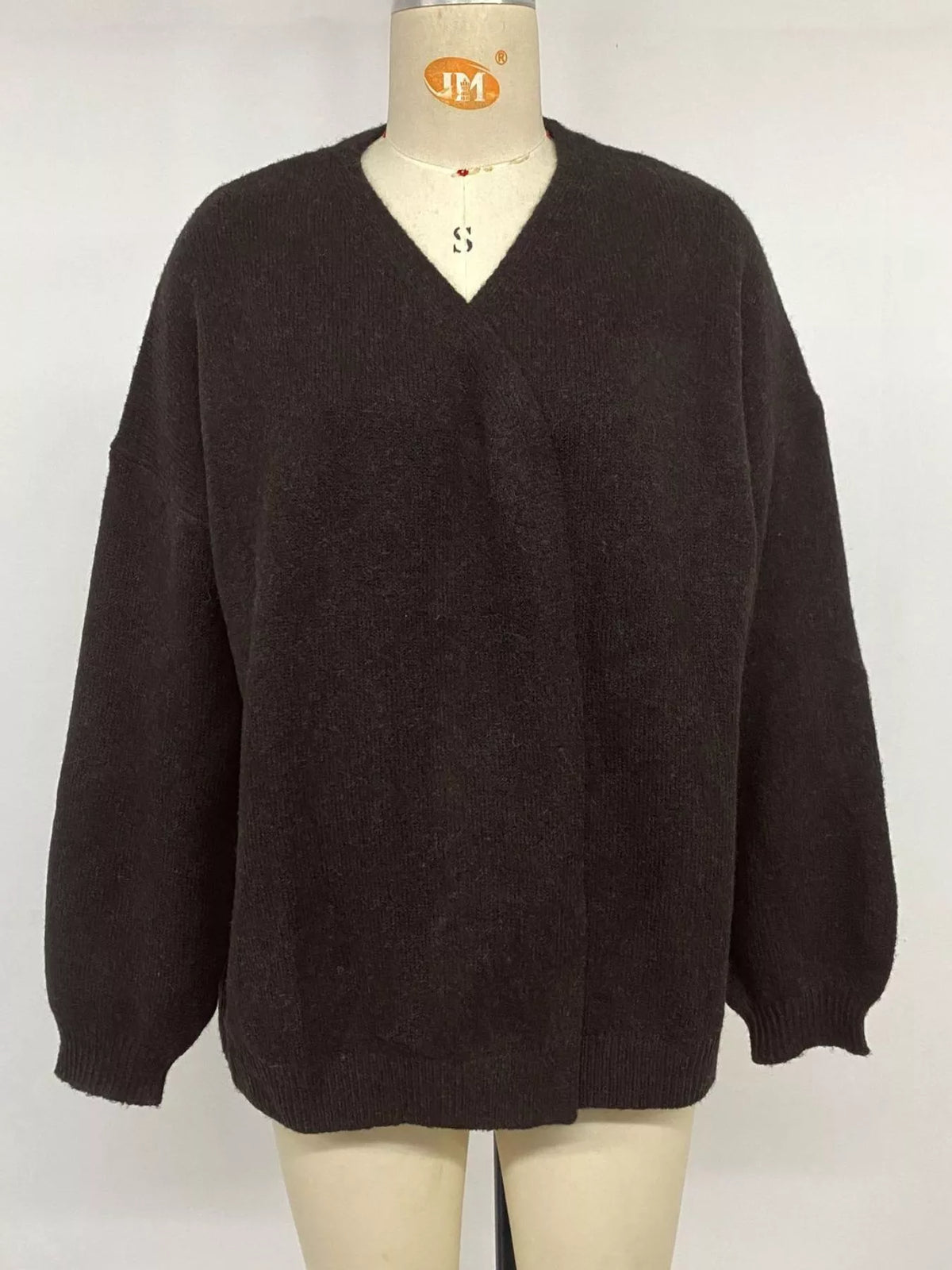 Belted Wrap Cardigan in Chocolate, open-front view on dress form