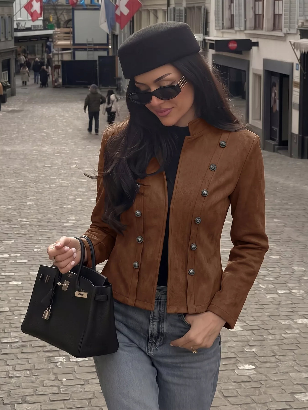 Cropped Stand-Collar Button Jacket