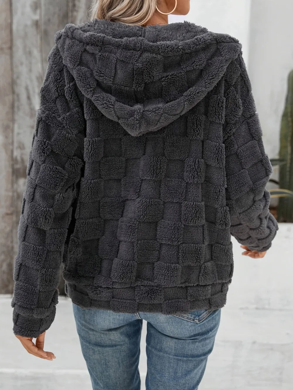Check-Print Fuzzy Zip Jacket, view 4