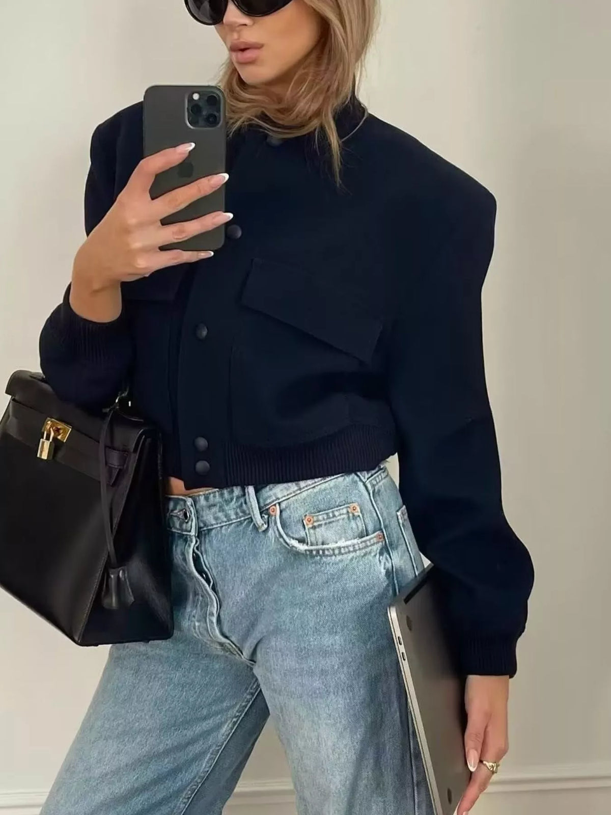Cropped Button-Front Bomber Jacket