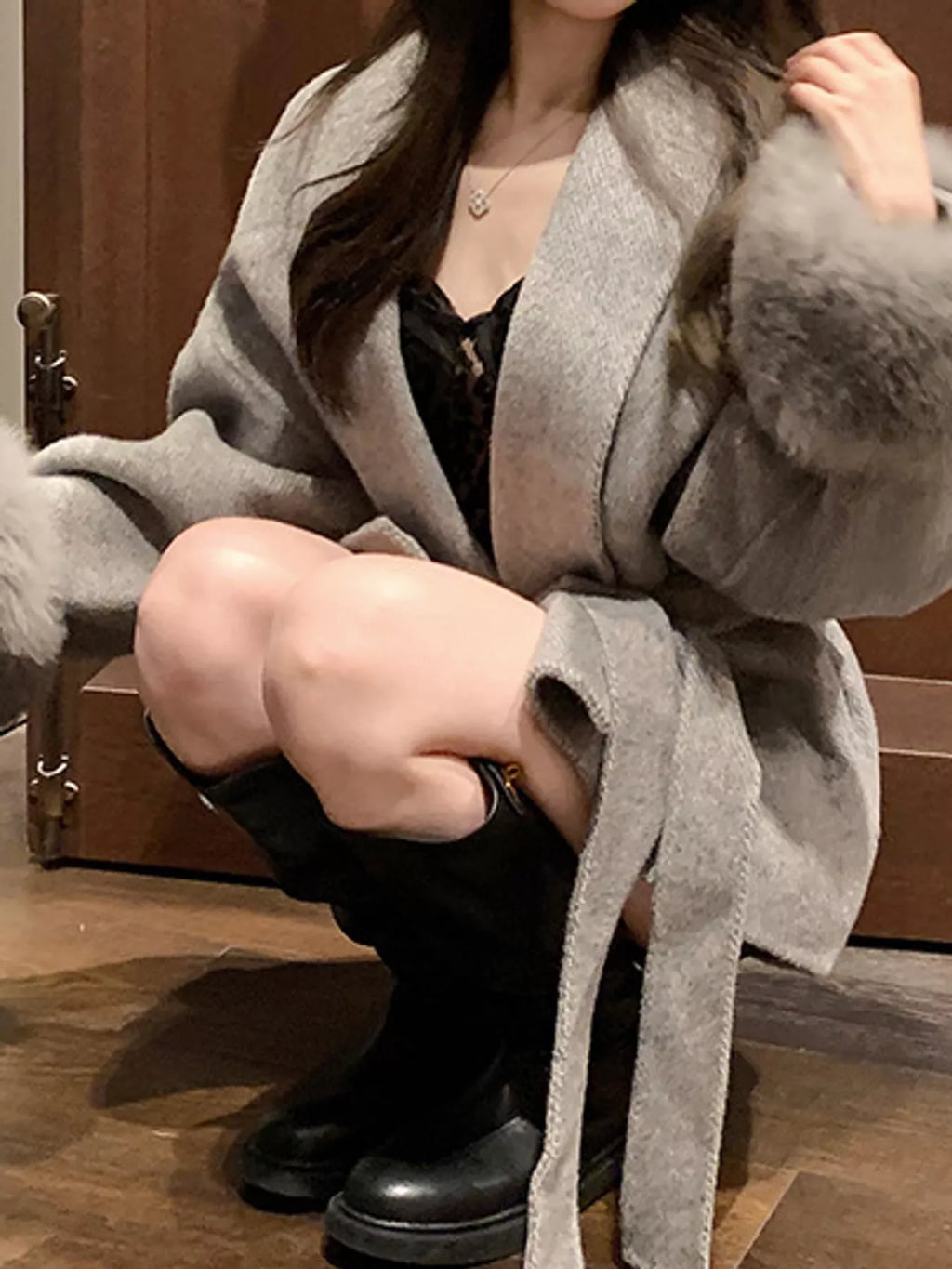 Faux-Fur Cuff Wrap Coat