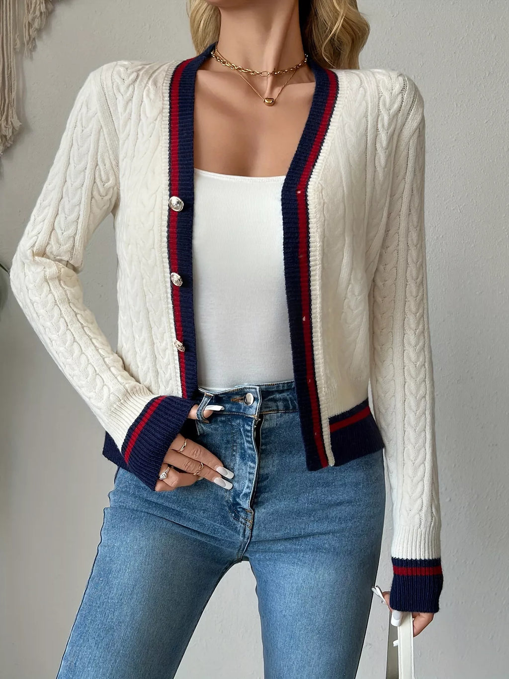 Contrast-Trim Cable-Knit Cardigan, product view 5