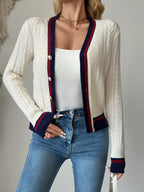 Contrast-Trim Cable-Knit Cardigan, product view 5