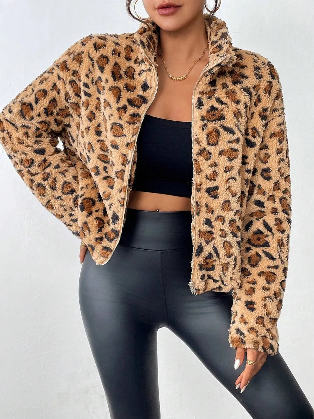 Leopard Funnel-Neck Jacket, view 2