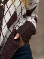 Argyle V-Neck Cardigan in White, cable-knit cuff and hem detail
