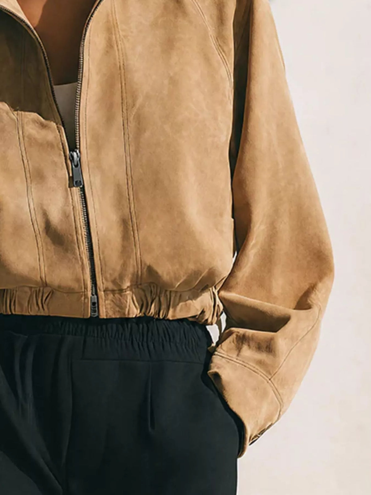 Faux Suede Stand-Collar Zip Jacket