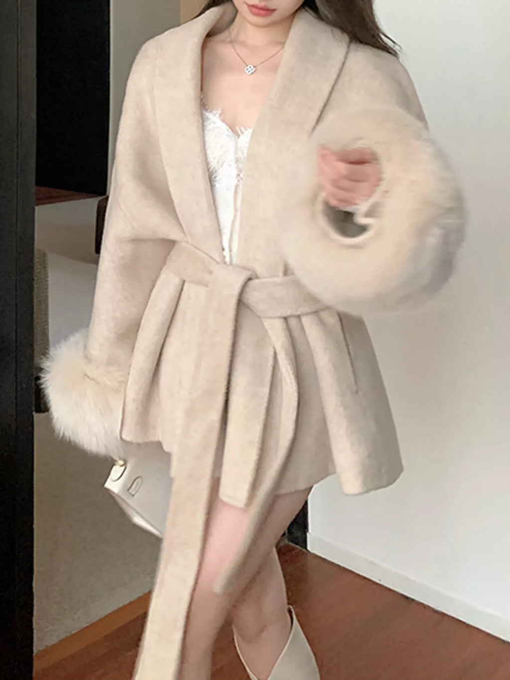 Faux-Fur Cuff Wrap Coat