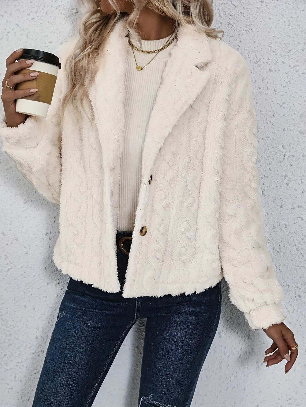Collared Fuzzy Button Jacket, view 1