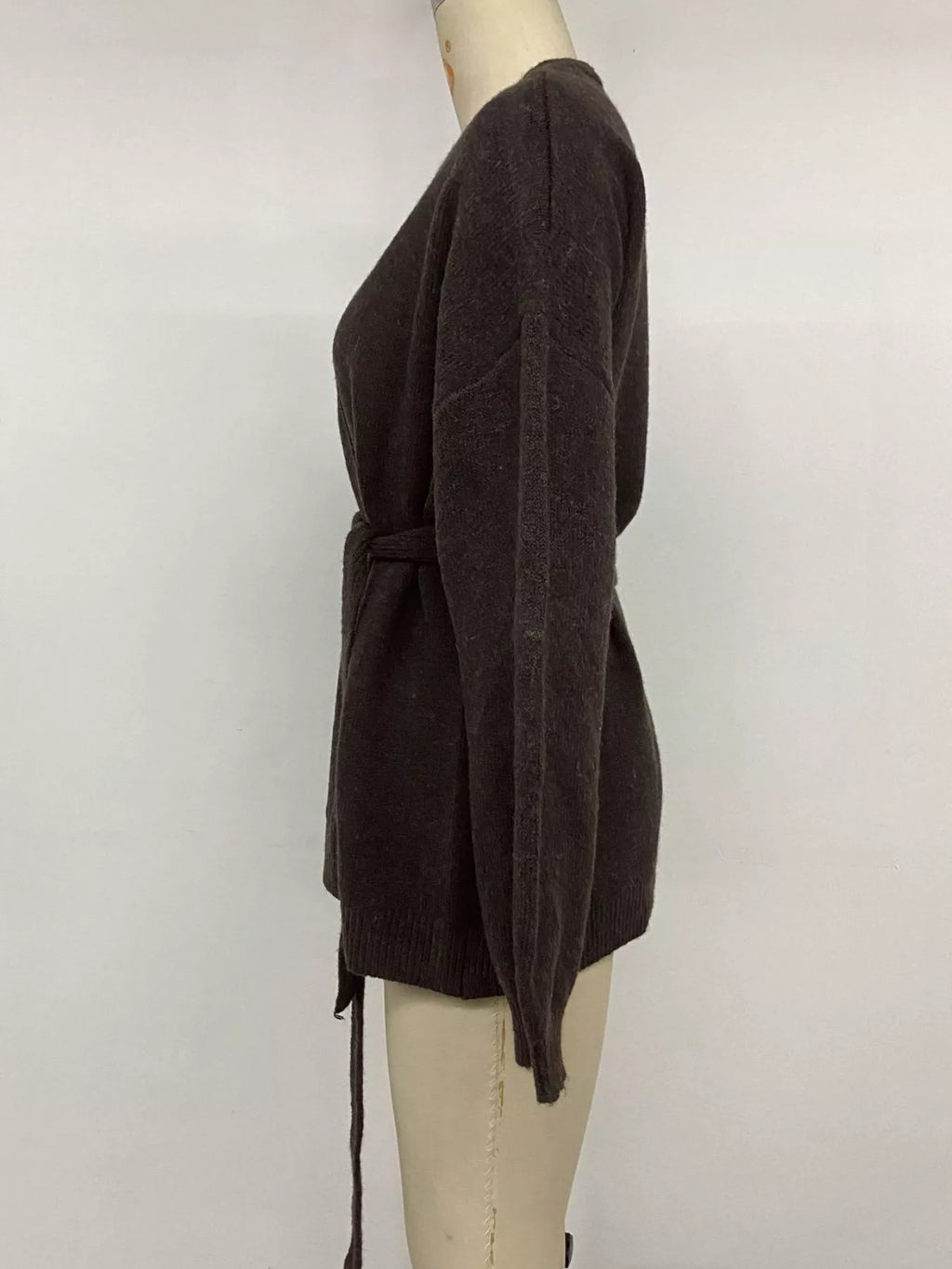 Belted Wrap Cardigan in Chocolate, side view on dress form