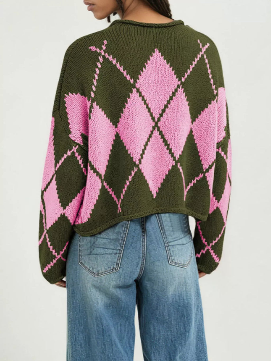 Cropped Argyle Knit Sweater in Green, back worn view