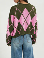 Cropped Argyle Knit Sweater in Green, back worn view