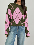 Cropped Argyle Knit Sweater in Green, straight front worn view