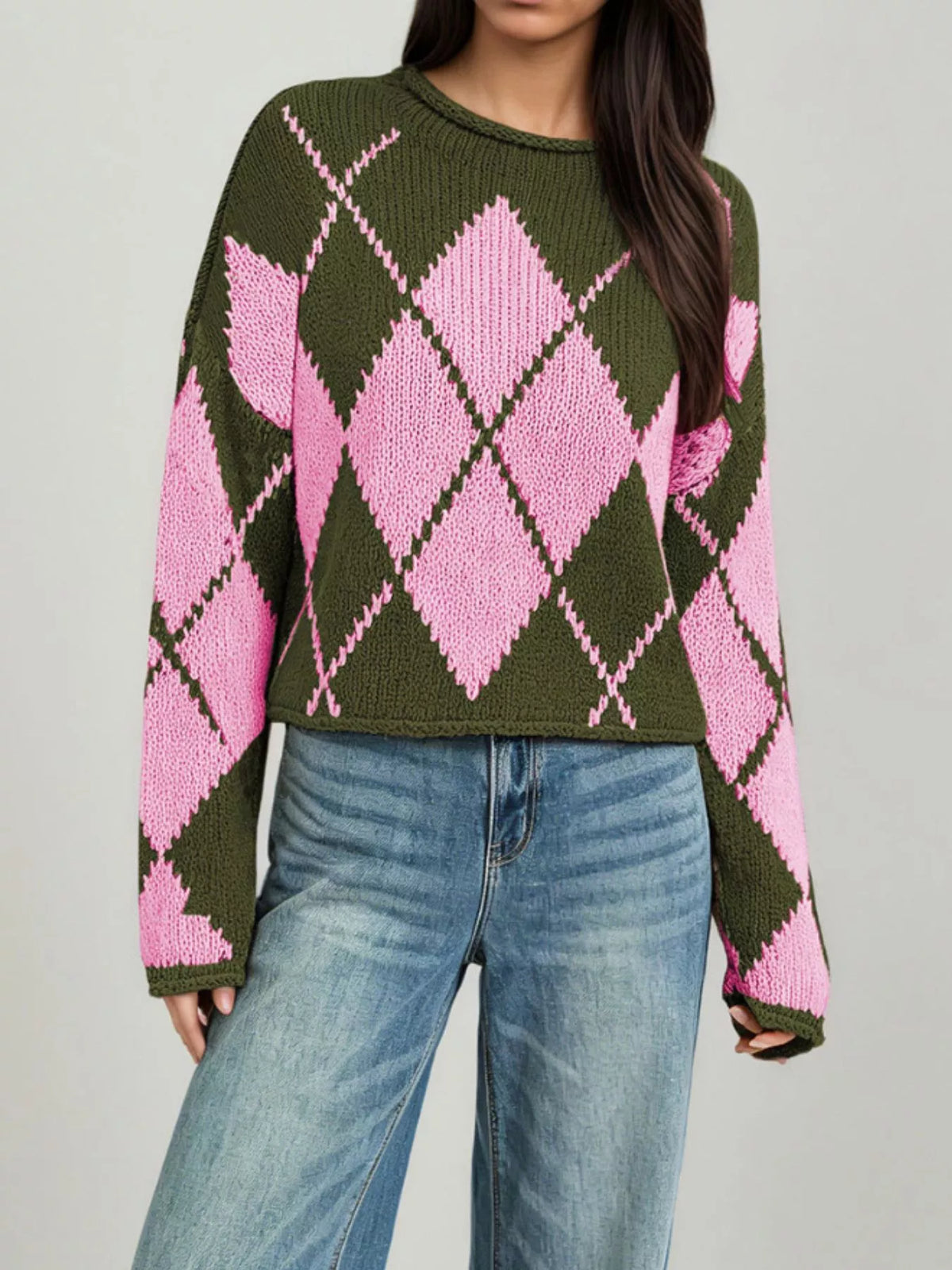 Cropped Argyle Knit Sweater in Green, straight front worn view