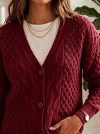 Cable-Knit V-Neck Button-Down Cardigan in Wine Red, V-neck, button and knit detail