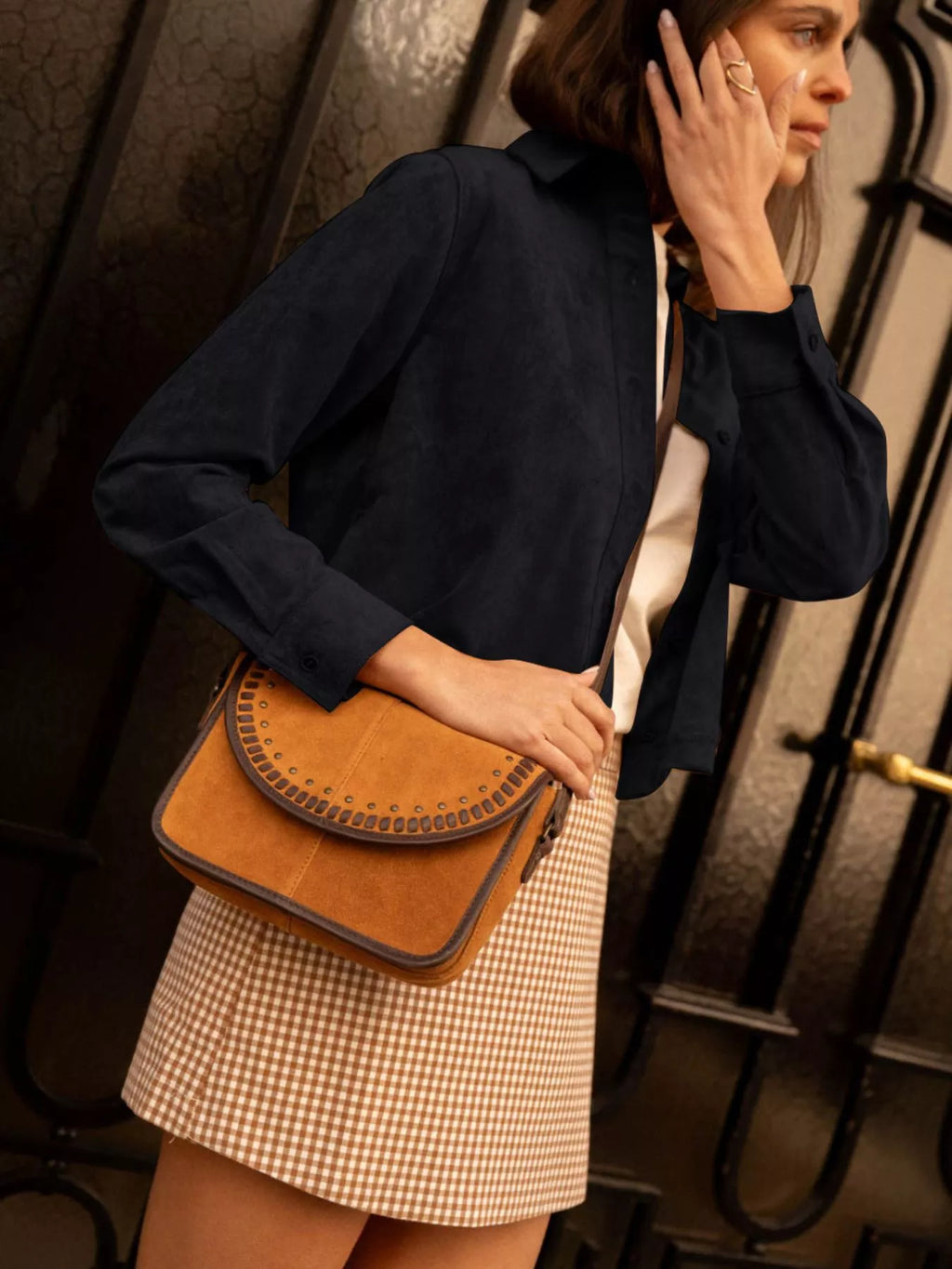 Cropped Faux Suede Button-Down Jacket