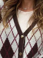 Argyle V-Neck Cardigan in White, neckline and button detail