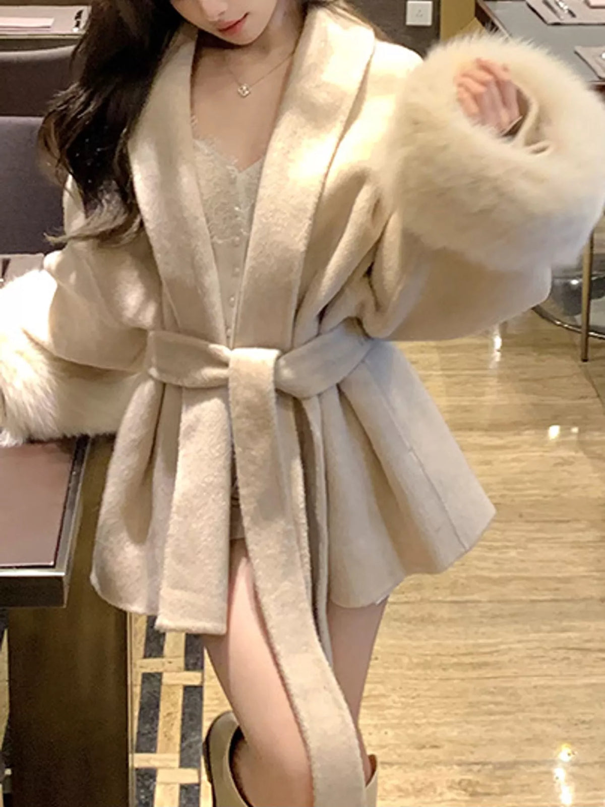 Faux-Fur Cuff Wrap Coat