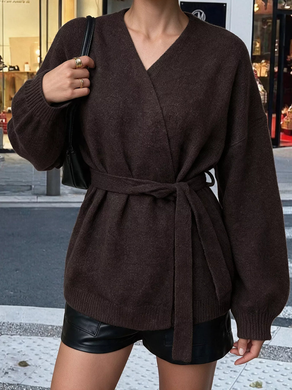 Belted Wrap Cardigan in Chocolate, neckline and waist-tie view