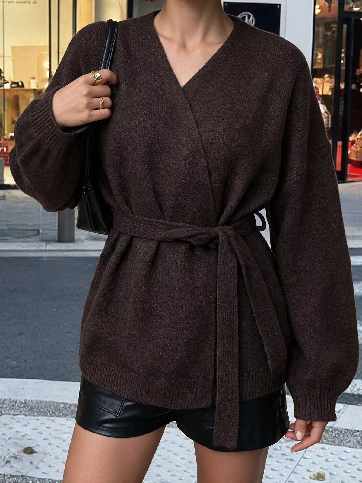 Belted Wrap Cardigan in Chocolate, neckline and waist-tie view