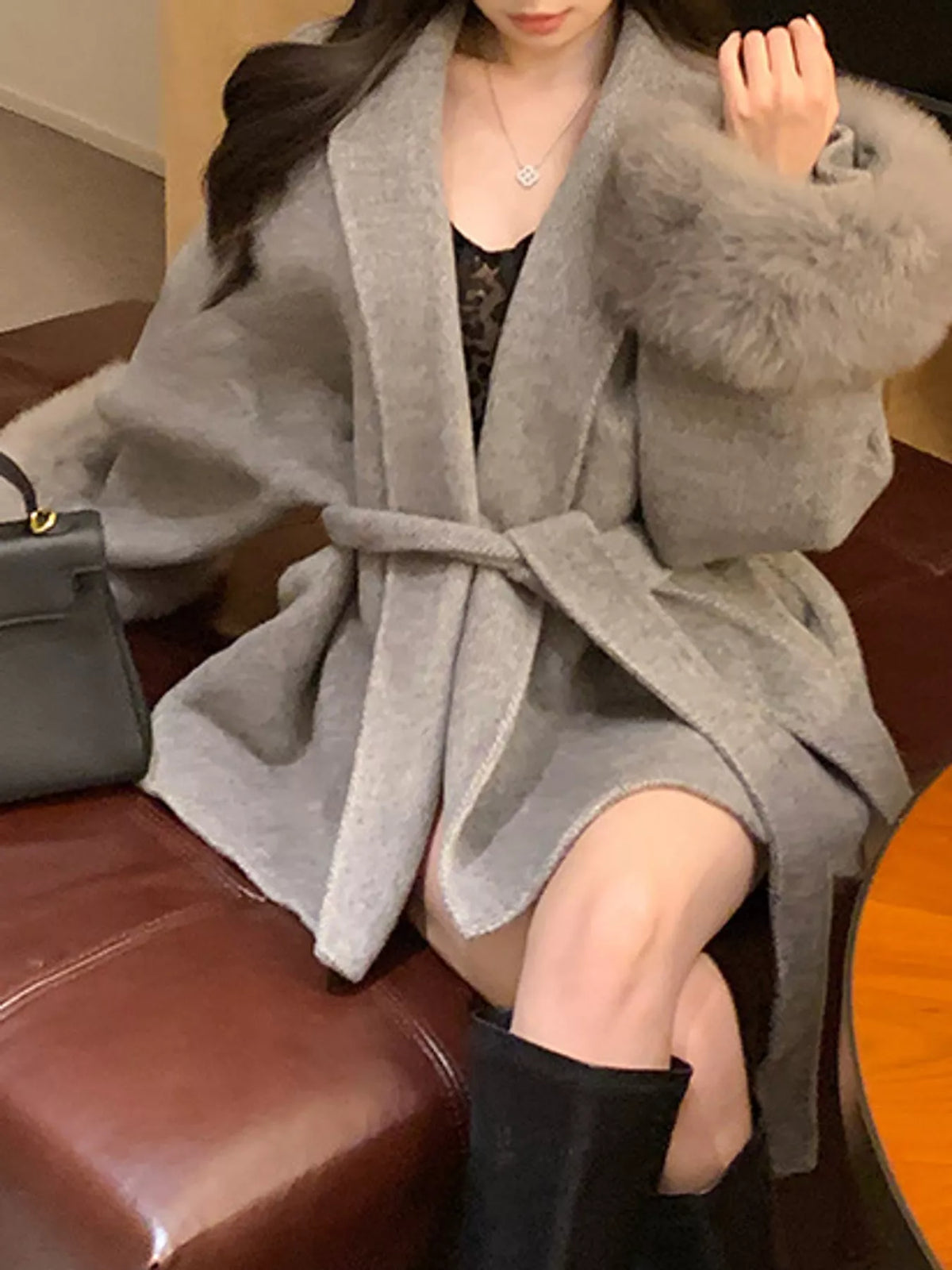 Faux-Fur Cuff Wrap Coat