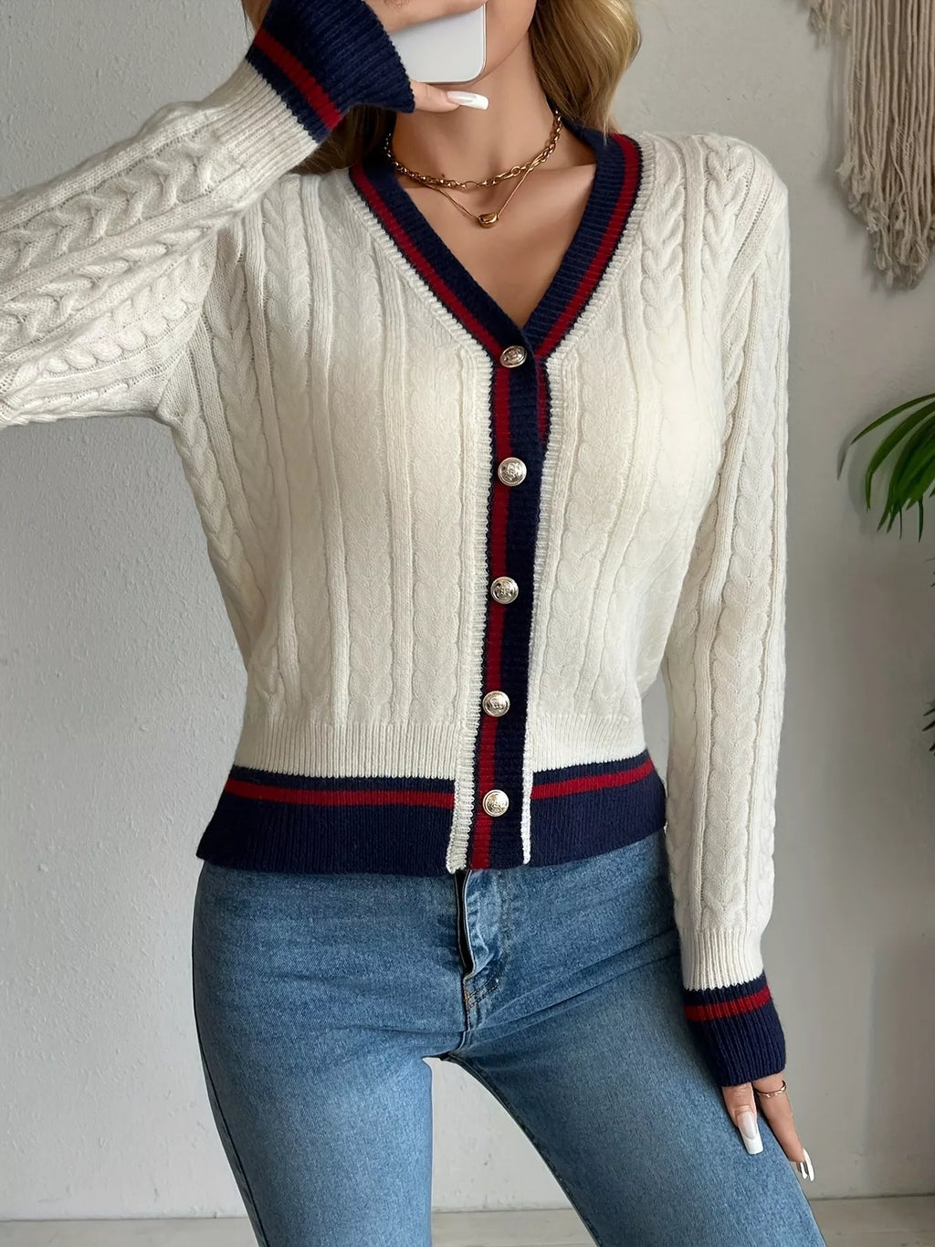 Contrast-Trim Cable-Knit Cardigan, product view 3