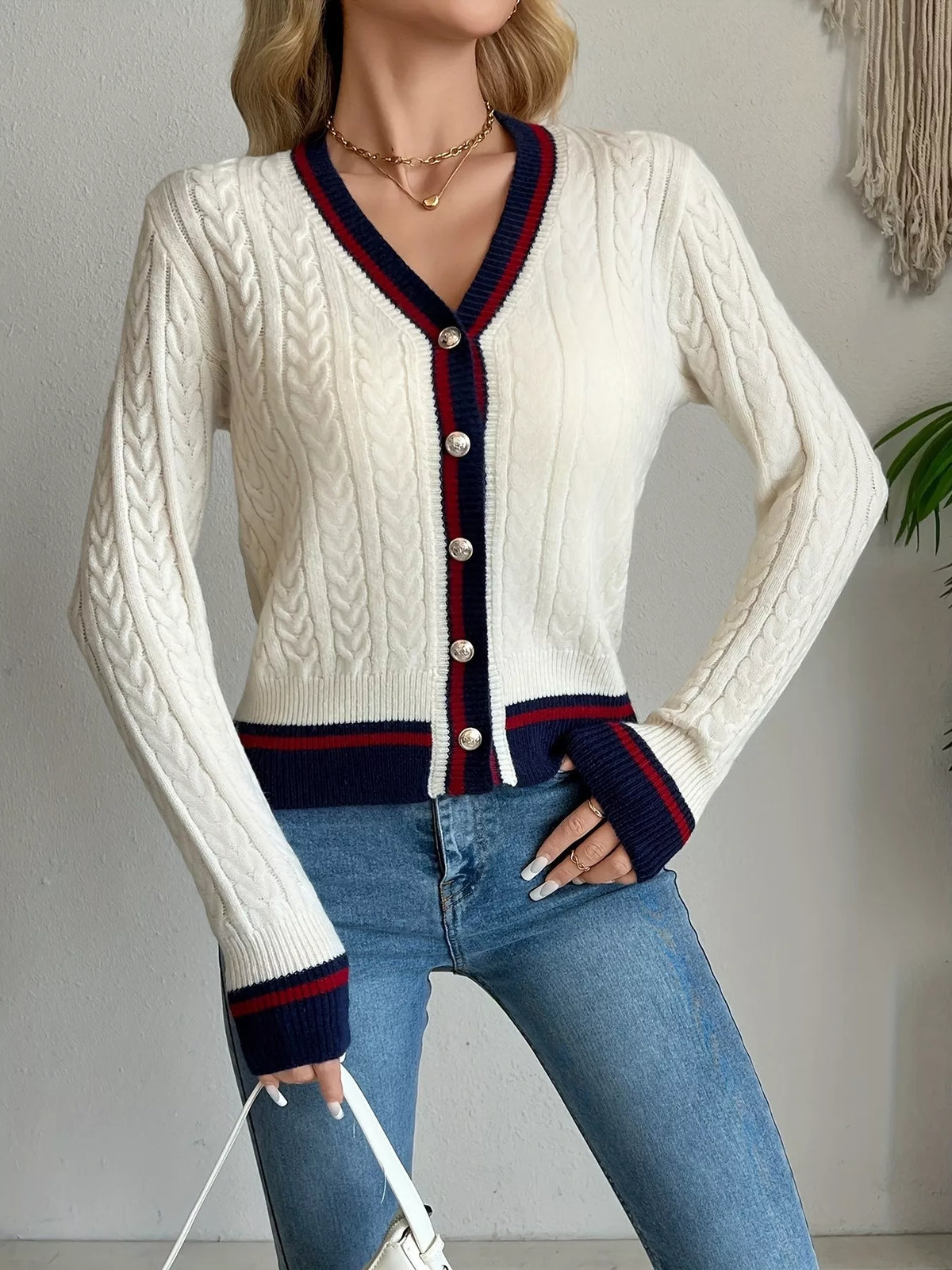 Contrast-Trim Cable-Knit Cardigan, product view 1