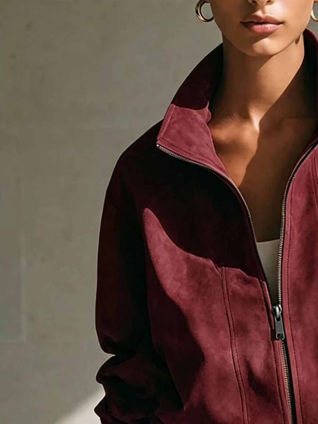 Faux Suede Stand-Collar Zip Jacket